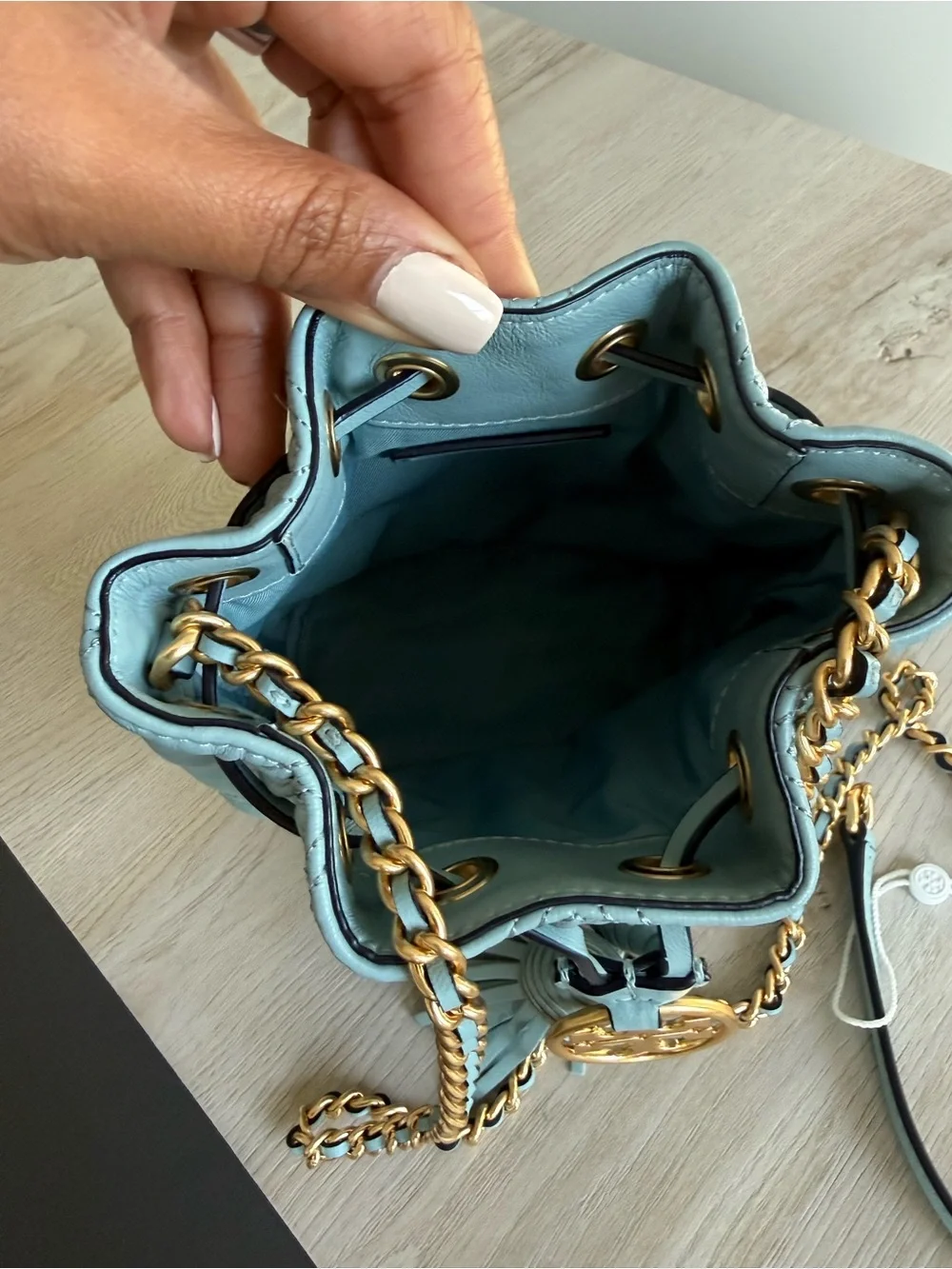 NWT Tory Burch Fleming Soft Mini Bucket Bag – Blue Leather